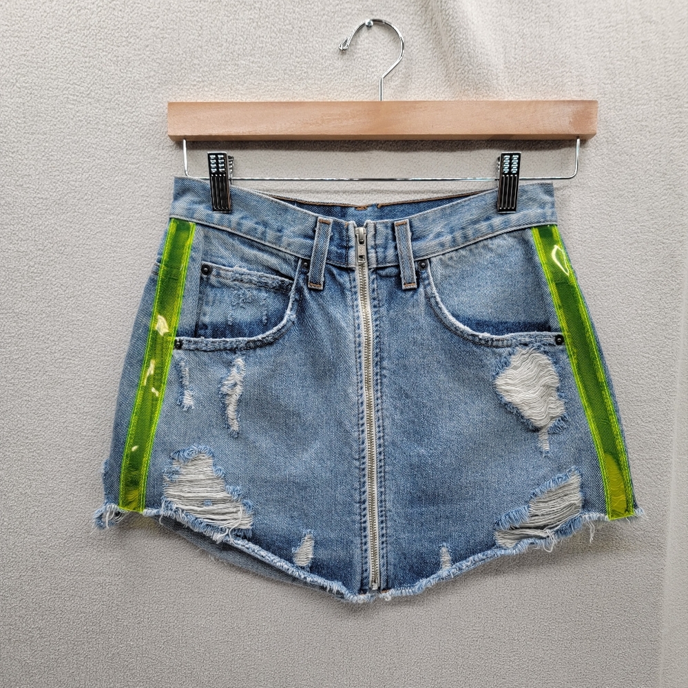 Carmar neon see thru sides front zipper Mini Denim Jeans Skirt size- 27